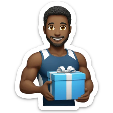 A white man in sportswear giving a gift sticker