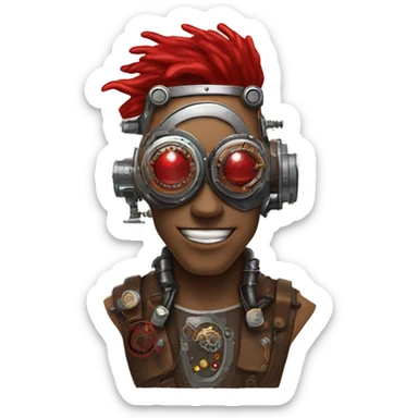 Brown cyborg head with red Mohawk, red beard, silver steampunk monocle goggles a smile and circuits sticker