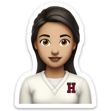 Girl with dark brown hair and white skin wearing a white sweater with the black crimson and white Harvard University logo on it  sticker