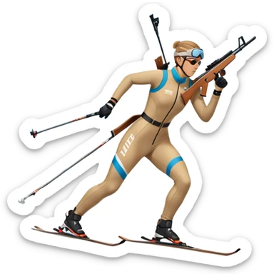 An icon featuring snow-covered trees, distant mountains, and a clear blue sky with a biathlete in motion, holding a rifle and skiing across a snowy course. Transparent background highlights the precision, endurance, and excitement of biathlon. sticker