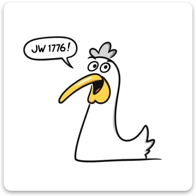 shouting yellow long neck chicken with a funny expression, 'JW 1776' in a speech bubble sticker