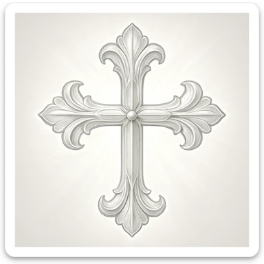 a bright grey flower cross, with ornate petal details and a radiant look sticker