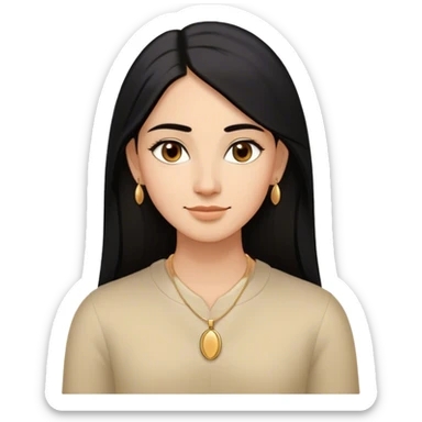 an oval face shape, medium warm skin tone, almond-shaped dark brown eyes, and naturally arched eyebrows. Go for long, straight black hair with a center parting. Add small gold earrings and a thin gold necklace. Keep the expression calm with a slight smile. sticker