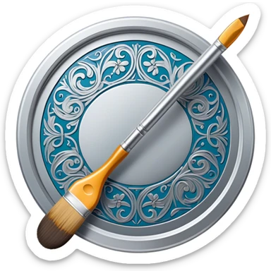 Metal painting icon, intricate hand-painted metal surface with detailed patterns, visible paintbrush, metal tools, and vibrant enamel or acrylic paints, no finished artwork, just the painting process, minimalistic style, clean lines, transparent background. sticker