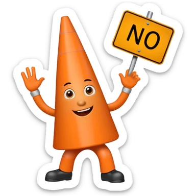 orange traffic cone with three legs dancing with sign in his hand saying “No a i” sticker
