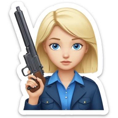 Blonde girl with blue eyes holding a gun sticker