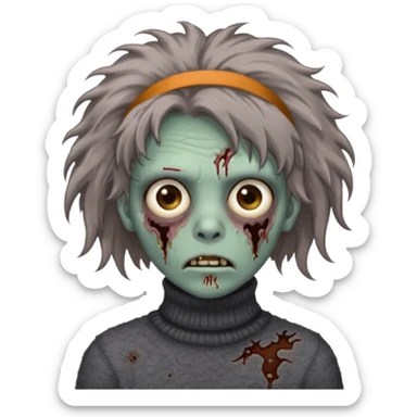 brown fluffy haired grey zombie with turtleneck sweater and hair band sticker