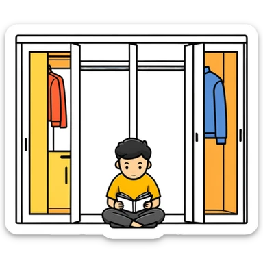 A man is sitting on the floor of an apartment. There are parts of a new wardrobe lying on the floor. An open instruction book is lying on the man's head. sticker