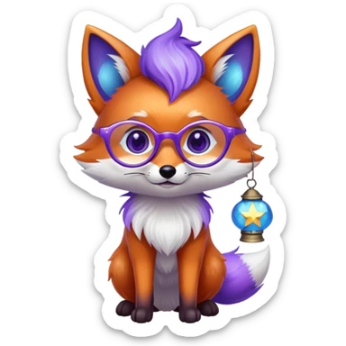 Laughing with tears of joy 😂 — a small magical fox with shimmering purple and blue fur, a glowing fluffy tail, a silver star on its forehead, round glasses, and a tiny lantern. sticker