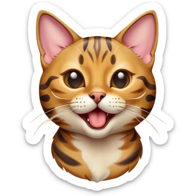 Cinematic Cute Bengal Cat Portrait Emoji, Head tilted playfully and yawning, sleek spotted brown and gold tones, Simplified yet adorable features, highly detailed, glowing with a warm, friendly glow, high shine, curious and affectionate, stylized with a touch of whimsy, bright and alert, soft glowing outline, capturing the essence of a mischievous yet loving kitten, so endearing it feels like it could leap out of the screen and stretch! sticker