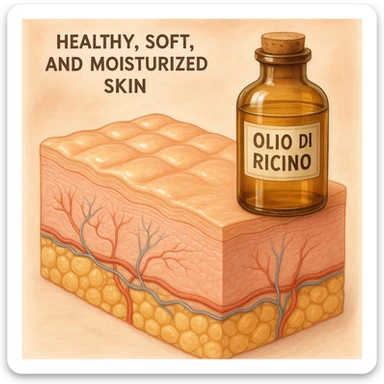 realistic medical illustration of healthy, soft, and moisturized skin thanks to the use of castor oil, with a bottle of castor oil visible labeled in Italian, educational and positive tone sticker