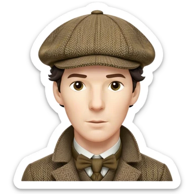 sherlock holmes benedict cumberbatch, wearing a deerstalker hat with the fabric is often tweed, which features a subtle checkered or herringbone pattern with darker and lighter threads woven together, creating texture and depth.  sticker