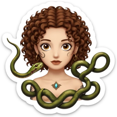 Sexy brown eyes, white skin, brown curly hair, with tattoo, mystic vibe, with snakes  sticker