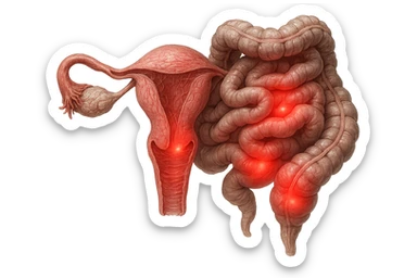 utero umano anatomico iperrealistico e intestino umano anatomico iperrealistico hanno in comune il dolore e l'infiammazione, rendi bene il collegamento tra i due organi doloranti sticker