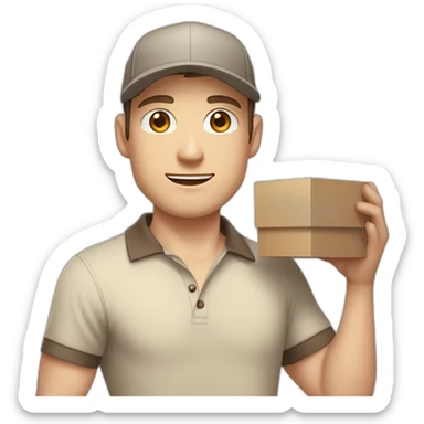 Pale skinned fit Man with dark brown hair in a beige cap, gray jeans, brown polo and white T-shirt keeping a pasted with tape white box into his hands sticker