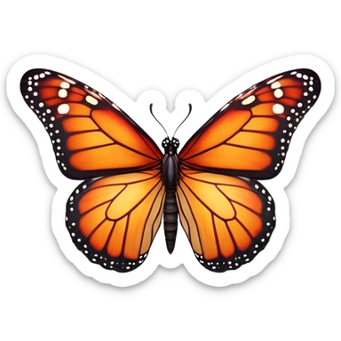 Cinematic Realistic Noble monarch Butterfly Portrait Emoji, Poised and elegant, with delicate, translucent wings rendered in rich ruby and scarlet hues, a slender, graceful body with intricately detailed textures, and soft, reflective eyes, illuminated by natural light, high shine, intelligent and regal, styled with an air of refined natural splendor, focused and attentive, soft glowing outline, capturing the essence of a watchful and confident monarch butterfly that appears to emerge majestically from the screen! sticker
