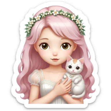 Very dreamy-beautiful-fashionable and elegant-a girl in a wedding dress holding a kitten-shiny-lady-soft style-kawaii-beautiful-hair-fairy style- sticker