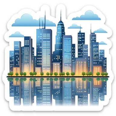 A modern cityscape with tall buildings, skyscrapers, and windows lit up, representing an urban environment full of life and activity sticker