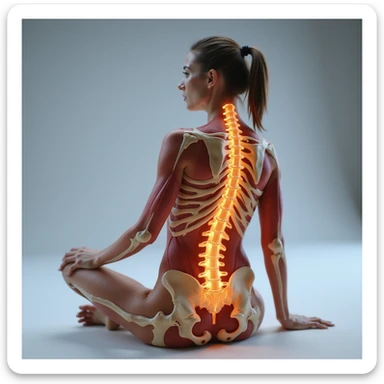 hyperrealistic 4K anatomical view of a seated woman, highlighting the sciatic nerve: sciatic nerve visible from lumbar area to leg, muscles and bones visible, neutral background sticker