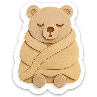 soft beige fluffy electric blanket bear, wrapped around itself, sleepy face, full-body sticker
