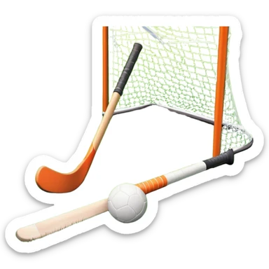 A field hockey stick and ball on a vibrant green grass field, with goalposts and clear field markings in the background. The scene emphasizes the bright, lush grass, highlighting the fast-paced and strategic nature of hockey on a well-maintained pitch. sticker