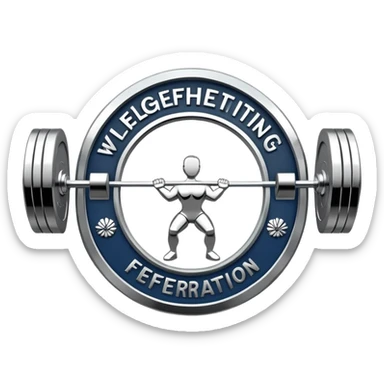 An emblem representing the World Weightlifting Federation with a stylized barbell and global elements. Bold text and clean lines symbolize strength, unity, and competition. Modern, dynamic design with a transparent background. sticker
