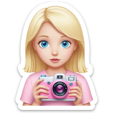 Blonde girl with blue eyes and a baby pink camera sticker