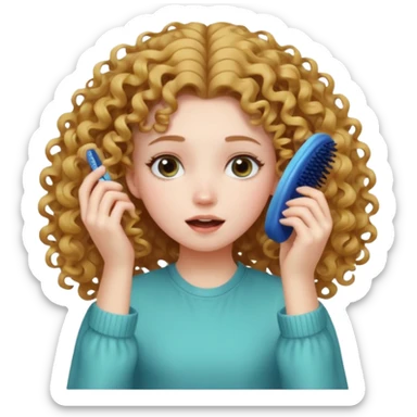 I want a girl with curly hair slowly brushing her hair and then it magically turns into straight hair then she gasps and moves her hair towards her ears gently. sticker