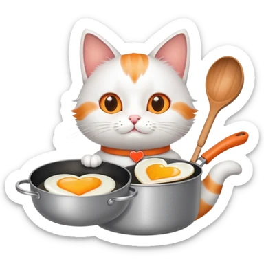 a cat holding a cooking pan with double heart-shaped egg sticker