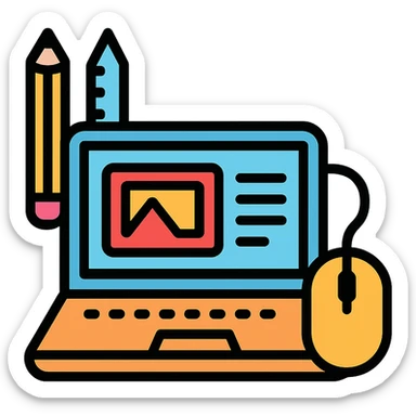 web designer as a color outline icon, featuring a stylized laptop, mouse, and creative tools sticker