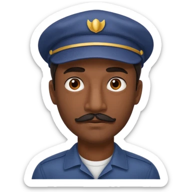 A dark-skinned man with a cap, brown eyes, and a thin black mustache. sticker