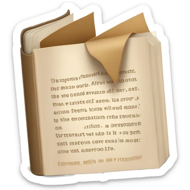 An open, hardcover book, depicted with a beige cover.  sticker