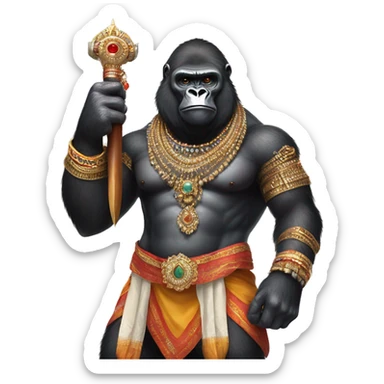 male gorilla with indian male jewellery and  indian traditional wear, holding a  huge weapon, humanoid, holding another  huge weapon  sticker