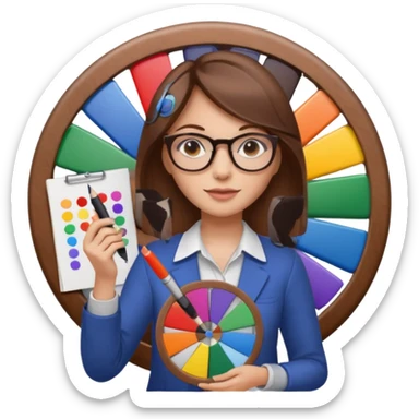 female graphic designer , color wheel, pens, papers sticker