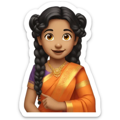 smiling and pointing 3 years old indian girl with black curly hair in pigtails wearing a orange saree sticker