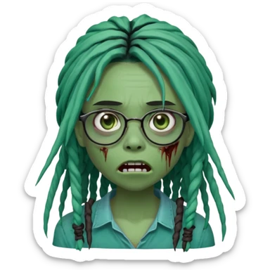 One young female green-skinned, zombie with glasses, with ombre black roots & teal tips long dreadlocks and a side bang of her locs that fall over the left eye and a worried expression like with the mouth open, teeth showing, and the jaw uneven. with a small wound near its mouth. sticker