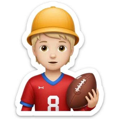 A child stands in a football costume, holding an actor's hat sticker