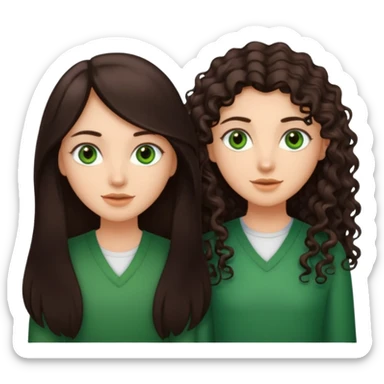 Two besties: 1: long ironed straight darkbrown hair, green eyes 2: long curly darkbrown hair, brown eyes sticker