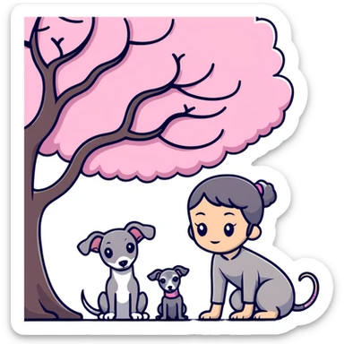 A young Chinese girl and a grey Italian Greyhound sitting under a cherry blossom tree sticker