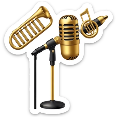 Create a sophisticated and smooth emoji representing jazz vocal performance. The design should feature a stylized microphone, with musical notes swirling around it to convey the fluid, improvisational nature of jazz. Add subtle elements like a vintage microphone stand or a hint of a singer’s silhouette in the background to reflect the live, intimate feel of jazz performance. Use deep, rich colors like gold, black, and burgundy to evoke the classic, smooth vibes of jazz. The background should be transparent. sticker