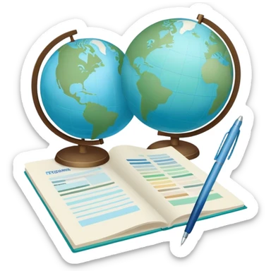 Create an emoji representing language translation. The design should feature just one globe in the background, symbolizing international communication. In front of the globe, place two books or sheets of paper with texs on them and a pen nearby to indicate the act of writing. Use a clean and professional color palette with blues, greens, and neutral tones. Make the background transparent. sticker