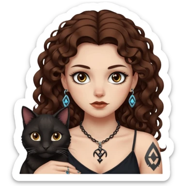 woman with long curly brown hair, brown eyes, white skin, tattoos, black cat wearing tiny rune necklace judging everyone sticker
