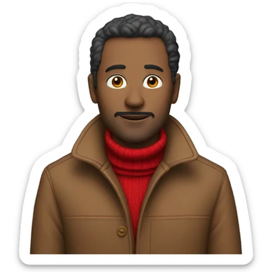 A man in his 40s wearing a red turtleneck and a coat sticker