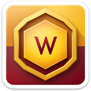 hexagon emblem with a thick yellow-to-gold outline and a dark red gradient inside. In the center, place a bold capital letter V in the same yellow-to-gold gradient as the outline. Keep the shapes clean and geometric, with smooth color transitions and no background color. sticker