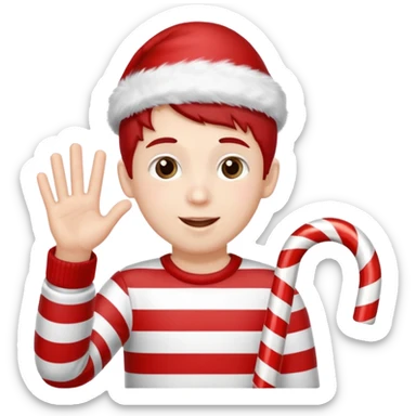 A boy waving a candy cane happily, sticker