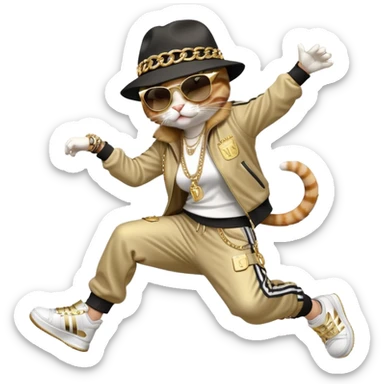 female cat in Run DMC hip-hop outfit with tracksuit, fedora, Adidas sneakers, dark sunglasses, many gold chains and bling accessories, doing a headspin break dance move sticker