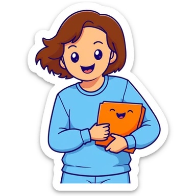 brunette girl with brown hair wearing pastel blue clothes laughing joyfully sticker