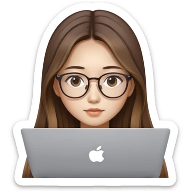 brown balayage straight long Hair korean girl with MacBook with glasses sticker