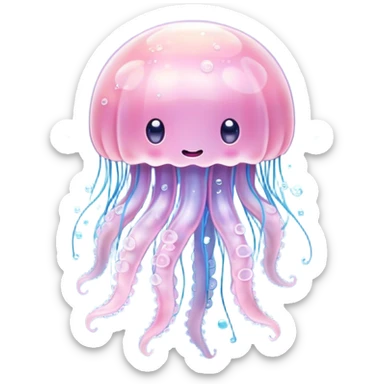 Cinematic floating kawaii jellyfish, tiny round body, soft glowing tentacles, pastel pink and blue hues, delicate sparkling highlights, dreamy and adorable. sticker