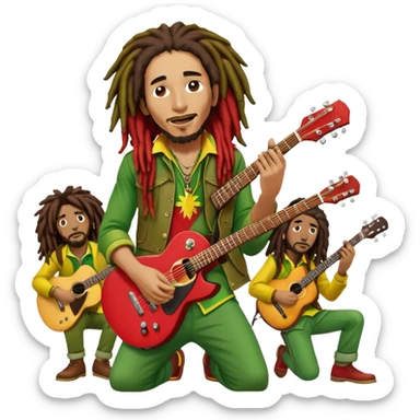 Icon for Reggae Music: Bob Marley with his guitar, surrounded by his band, The Wailers. The design should capture the laid-back, rhythmic vibe of reggae, with iconic dreadlocks and vibrant colors (red, yellow, green). Transparent background. sticker